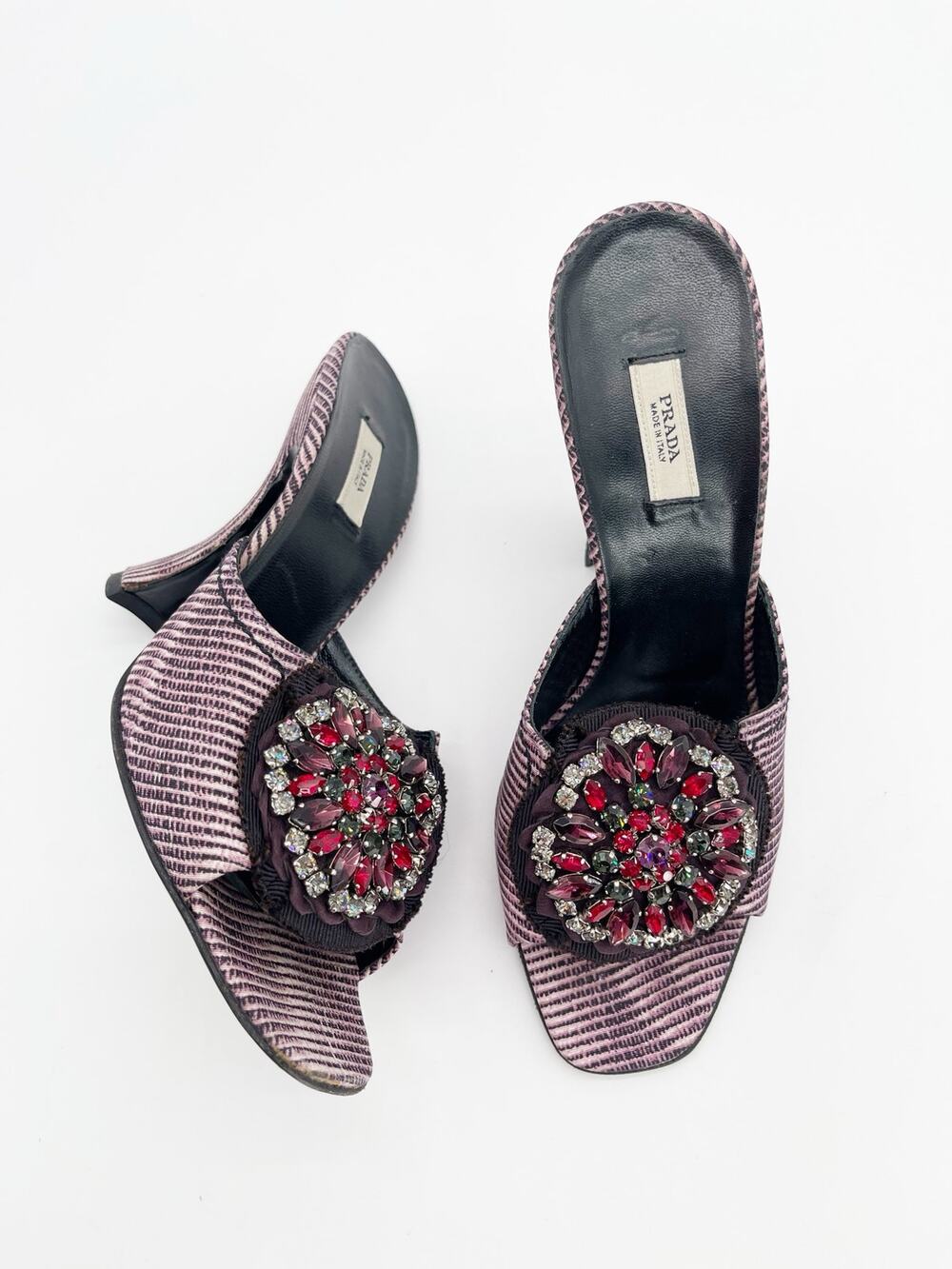 Prada Fall 2004 Pink Black Animal Print Crystal Brooch Mule Heeled Sandals IT 36